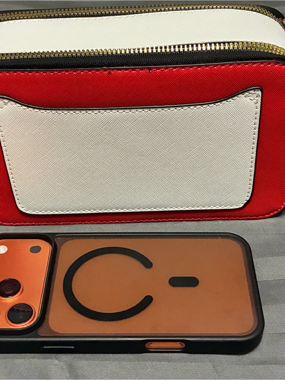 Red and White Saffiano Leather Crossbody Clutch with Front Pocket